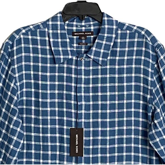 Michael Kors Men's XXL Classic Fit Linen Shirt Blue Check Long Sleeve NEW - Picture 3 of 12